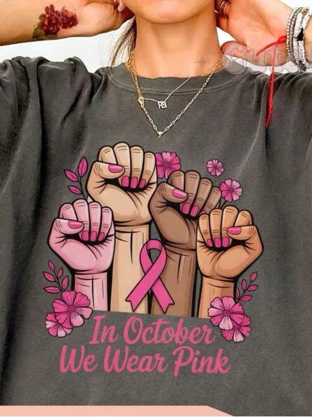 Comfort Colors Dark Gray 'In October We Wear Pink' Graphic Sweatshirt